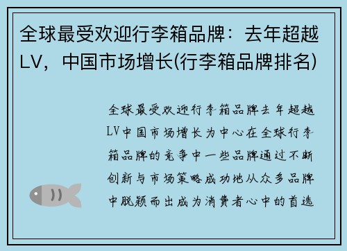 全球最受欢迎行李箱品牌：去年超越LV，中国市场增长(行李箱品牌排名)