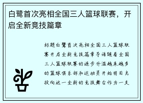 白鹭首次亮相全国三人篮球联赛，开启全新竞技篇章