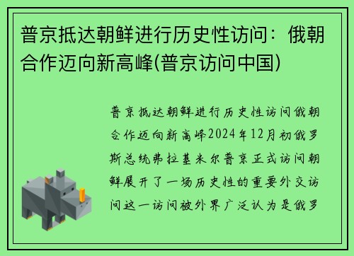 普京抵达朝鲜进行历史性访问：俄朝合作迈向新高峰(普京访问中国)